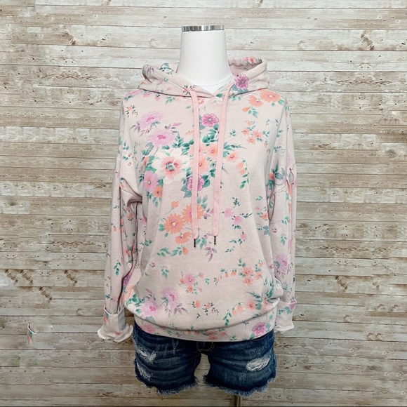 Sundry Tops - NWT Sundry Pink Floral Pleat Sleeve Hoodie Sz 0/XS